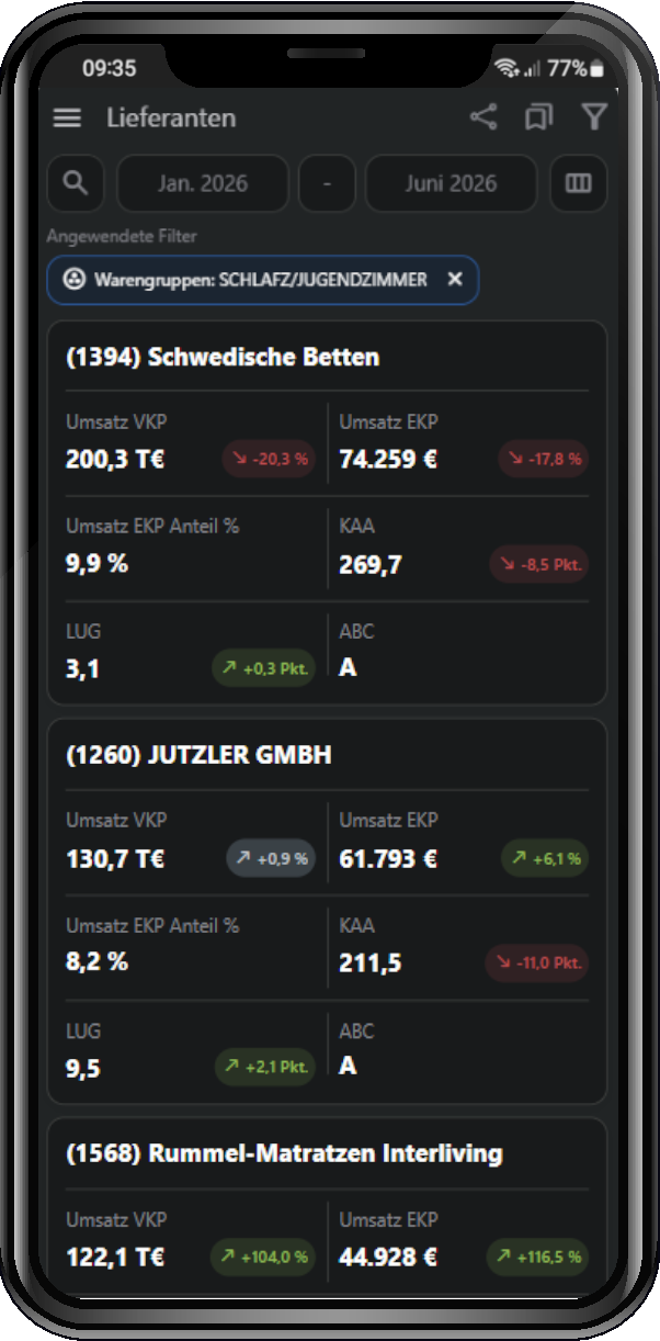 ManageMax 2 Mobile: Lieferanten im Dark Mode